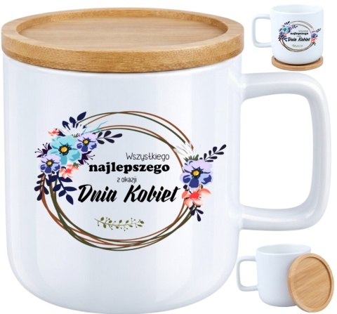 Kubek DUŻY z bambusową podstawką Prezent Dzień Kobiet dla Dziewczyny Żony