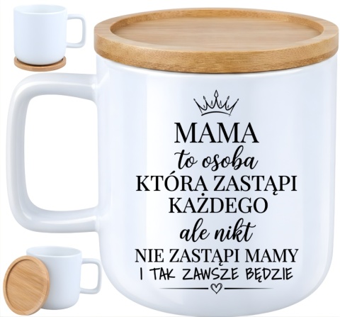 Kubek DUŻY z bambusową podstawką prezent dla MAMY Dzień Matki Mama Teściowa