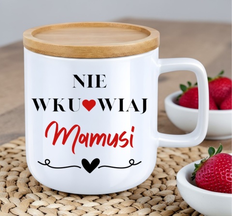 Kubek DUŻY z bambusową podstawką prezent dla MAMY Dzień Matki Mama Teściowa