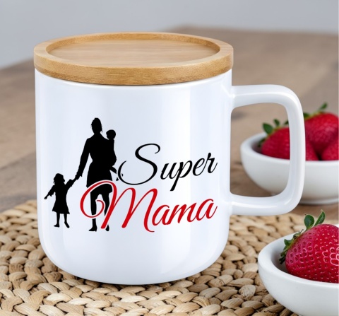 Kubek DUŻY z bambusową podstawką prezent dla MAMY Dzień Matki Mama Teściowa