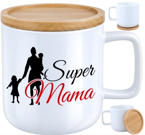 Kubek DUŻY z bambusową podstawką prezent dla MAMY Dzień Matki Mama Teściowa