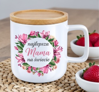 Kubek DUŻY z bambusową podstawką prezent dla MAMY Dzień Matki Mama Teściowa