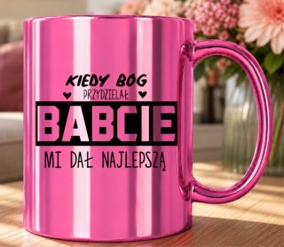 KUBEK RÓŻOWY PREMIUM Z NADRUKIEM BABCIA PREZENT DLA BABCI URODZINY IMIENINY