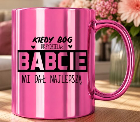 KUBEK RÓŻOWY PREMIUM Z NADRUKIEM BABCIA PREZENT DLA BABCI URODZINY IMIENINY