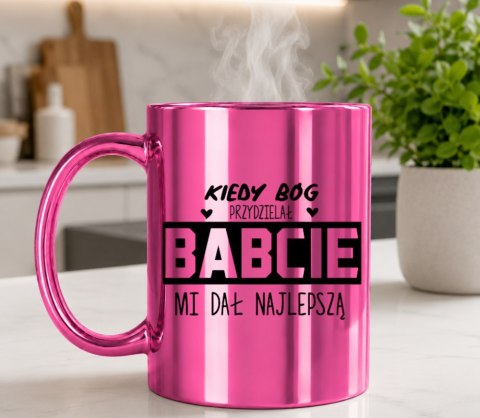 KUBEK RÓŻOWY PREMIUM Z NADRUKIEM BABCIA PREZENT DLA BABCI URODZINY IMIENINY