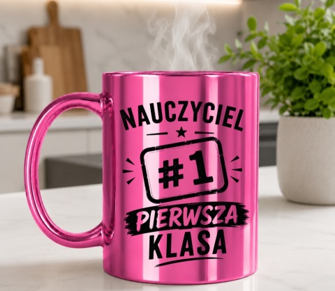 Kubek różowy z nadrukiem prezent Dzień Nauczyciela koniec Roku Szkolnego