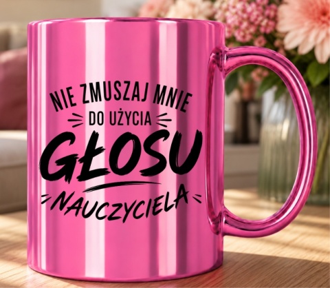 Kubek różowy z nadrukiem prezent Dzień Nauczyciela koniec Roku Szkolnego