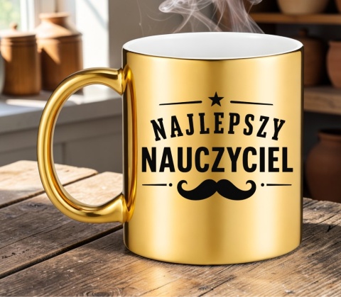Kubek złoty z nadrukiem prezent Dzień Nauczyciela koniec Roku Szkolnego