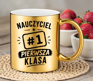 Kubek złoty z nadrukiem prezent Dzień Nauczyciela koniec Roku Szkolnego