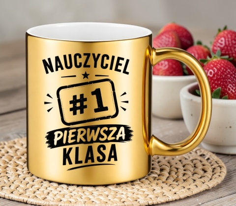 Kubek złoty z nadrukiem prezent Dzień Nauczyciela koniec Roku Szkolnego