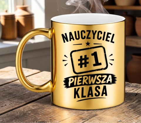 Kubek złoty z nadrukiem prezent Dzień Nauczyciela koniec Roku Szkolnego