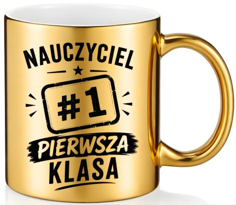 Kubek złoty z nadrukiem prezent Dzień Nauczyciela koniec Roku Szkolnego